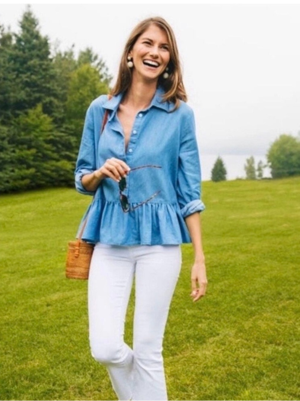 Pomander Place Tuckernuck Light Blue Chambray Peplum Button-Front Women's Top